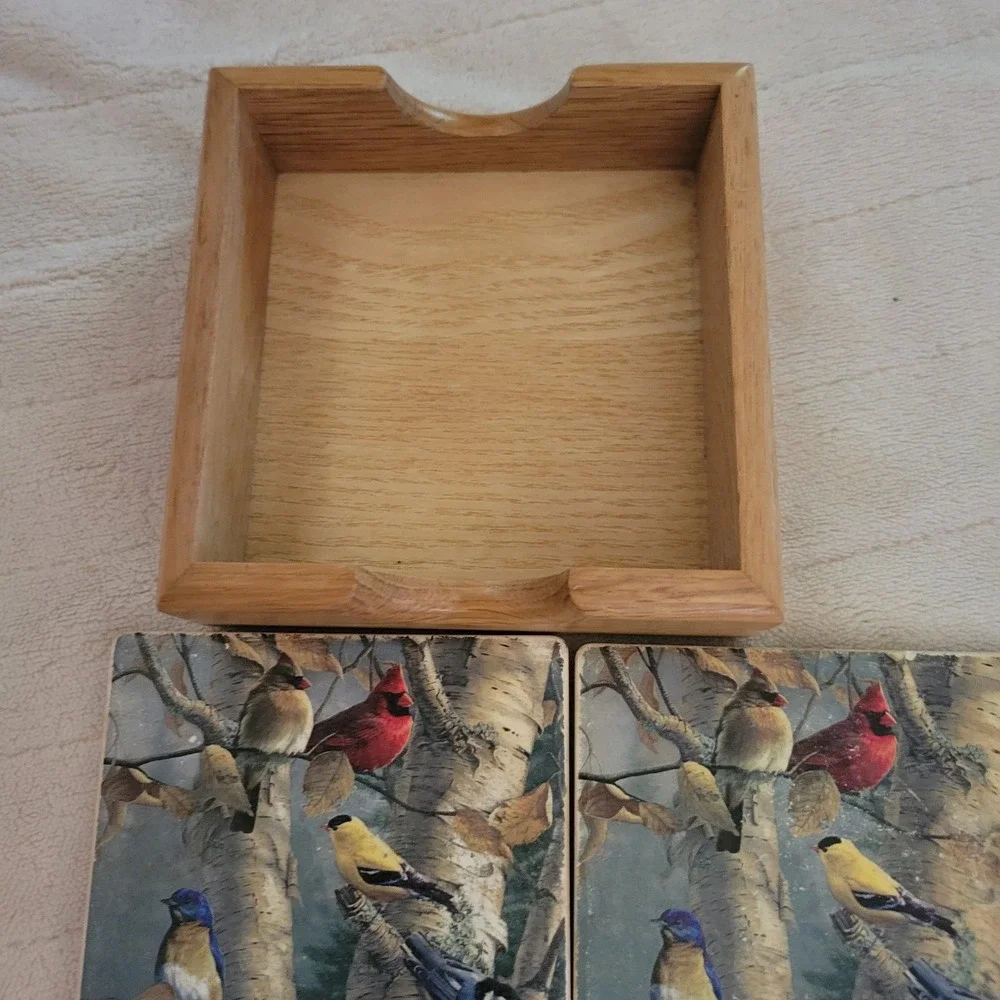 Bird Coasters Set of 4 Cork Back Cardinal Finch Birch Trees‎ Wood Holder 4x4
